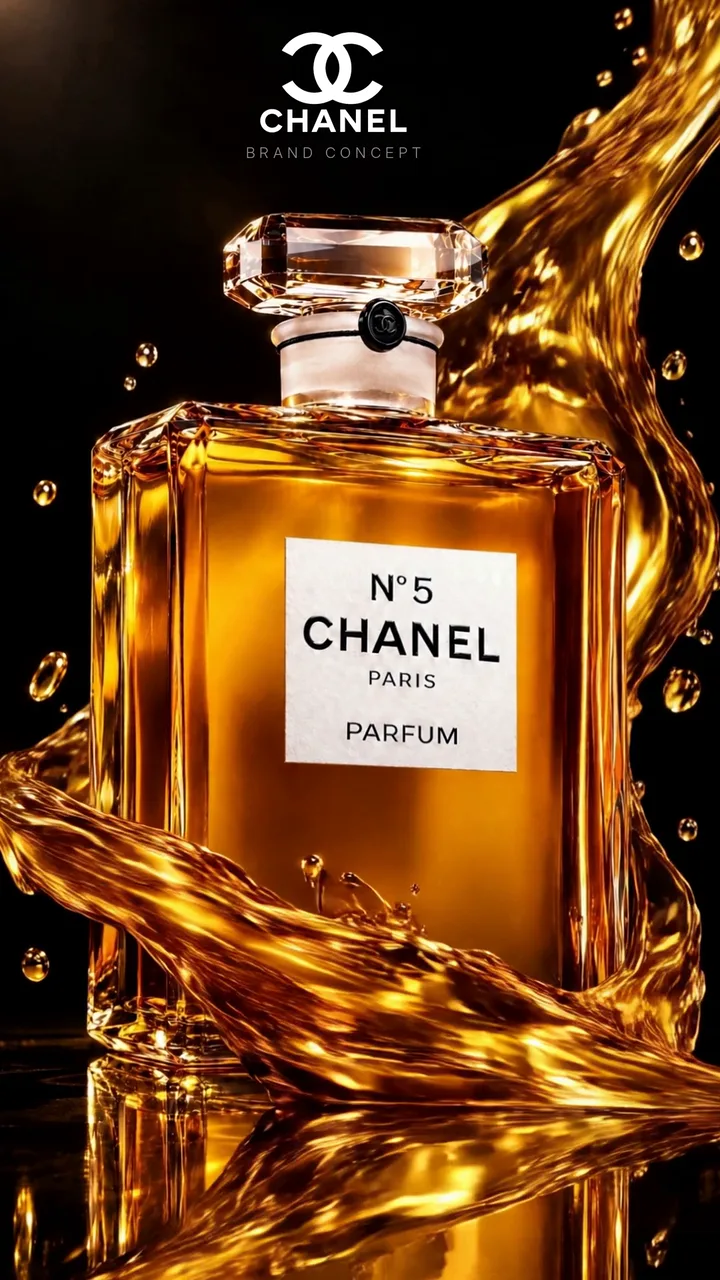 Chanel N°5 bottle in liquid gold, with the CHANEL lockup above