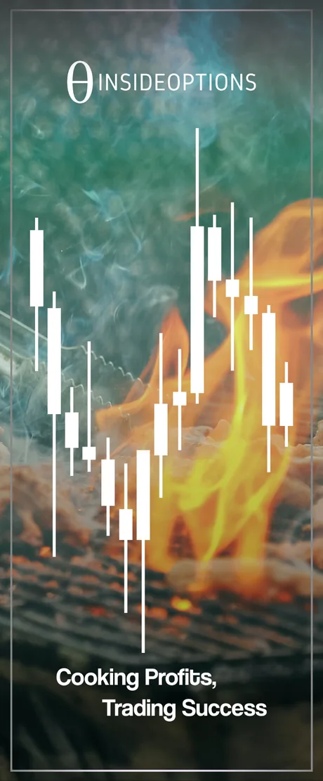 Vertical banner: white candlestick bars over flames on a grill, and the line Cooking Profits, Trading Success