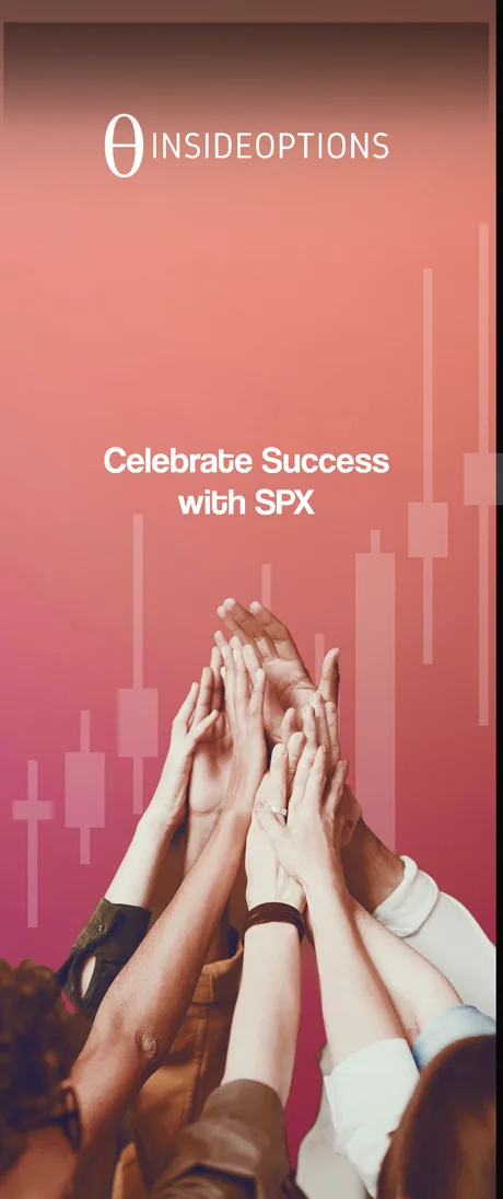 Vertical banner in pink: many hands raised together under candlestick bars, and the line Celebrate Success with SPX
