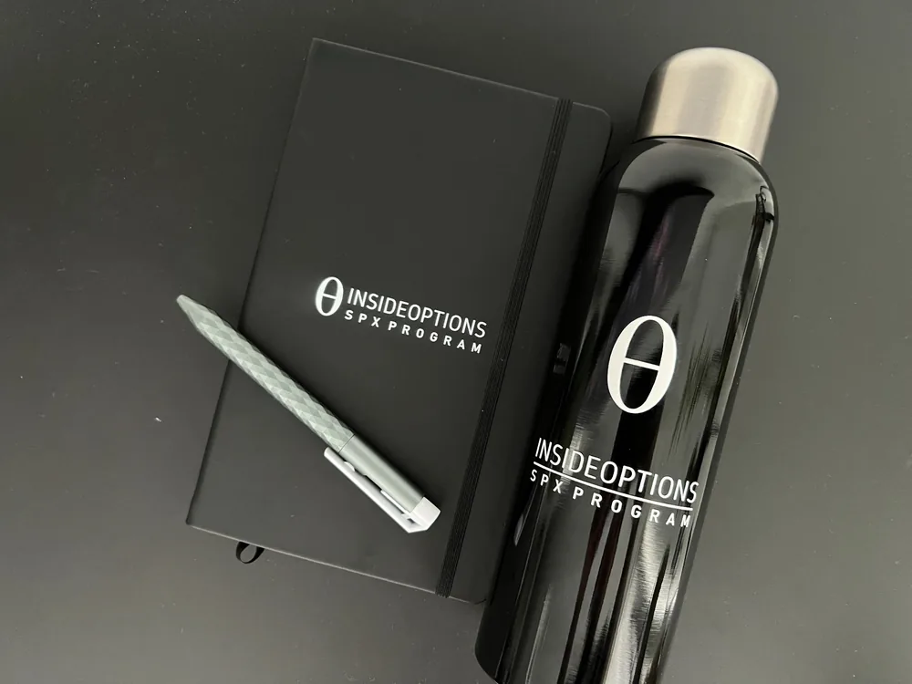 InsideOptions SPX Program notebook, pen and black water bottle