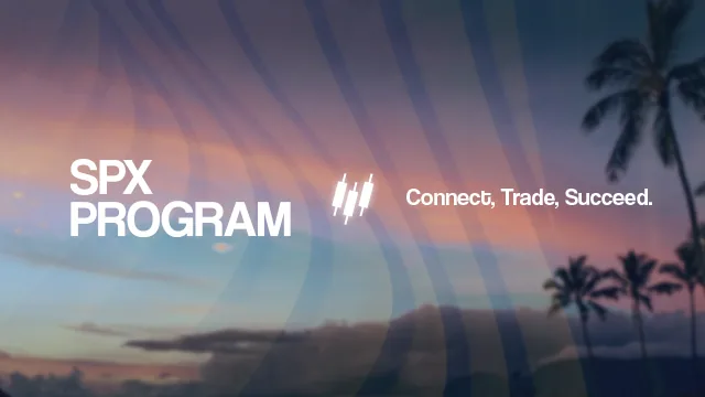SPX Program cover graphic over a sunset with palm trees, with the line Connect, Trade, Succeed