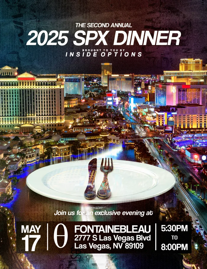 Poster for the 2025 SPX Dinner: a dinner plate with knife and fork over the Las Vegas Strip at night