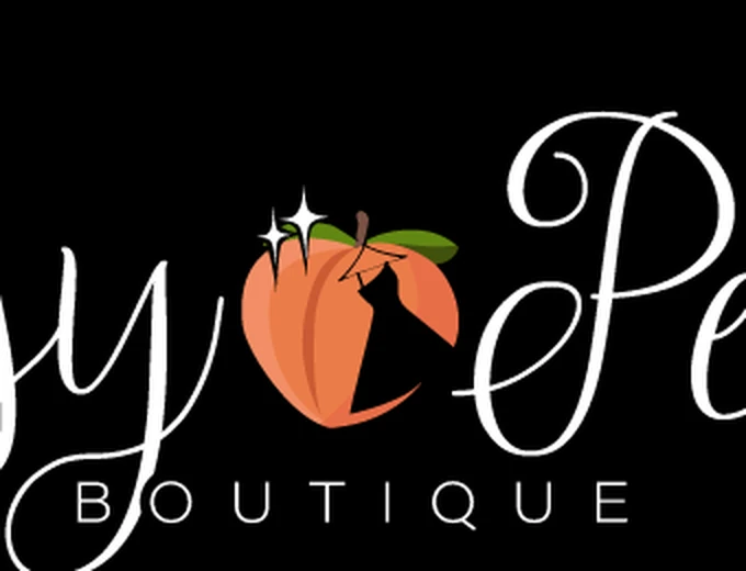 Close-up of the peach illustration between the script letters, showing the dress and hanger cut into the fruit