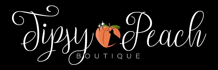 Tipsy Peach Boutique script logo in white with a peach illustration, on black